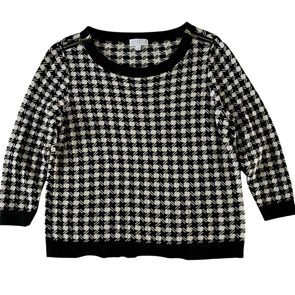 JOSEPH A Womens Black White Houndstooth Knit Sweater Gold Shoulder Zipper Size M